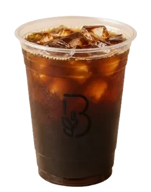 Iced americano in a clear Beanery cup, dark coffee over ice.