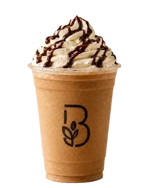 Caramel frappé in a Beanery cup, topped with cream and chocolate sauce.
