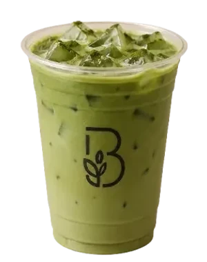 Iced matcha in a clear Beanery cup, bright green over ice.