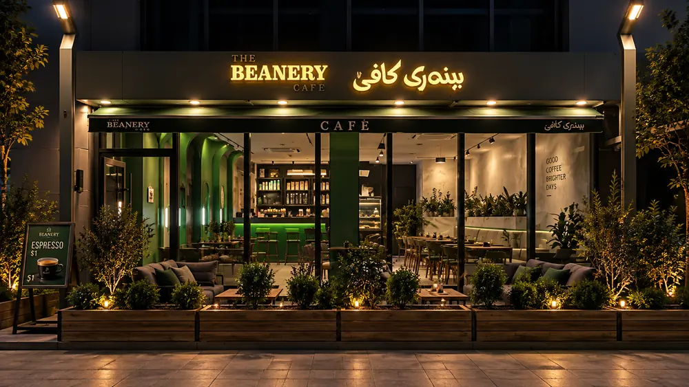 The Beanery Cafe after dark: a lit shopfront in Ankawa with gold lettering in English and Kurdish, green-lit interior, and planted benches along the pavement.